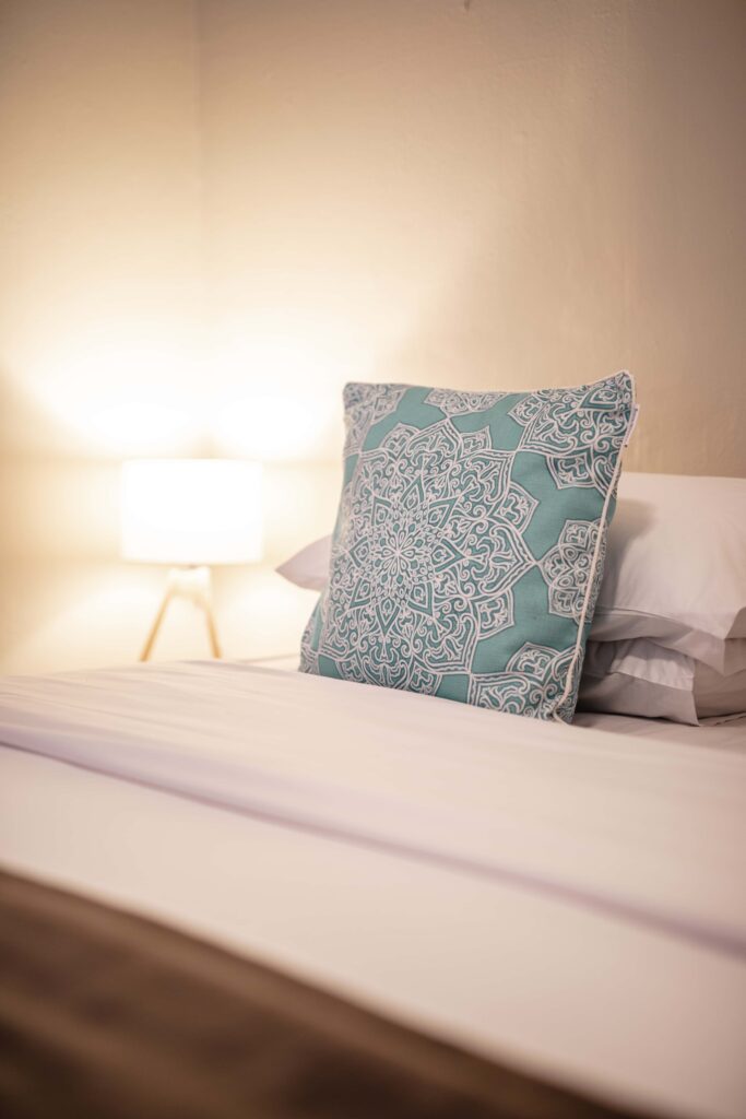 Bed withe blue cushion
